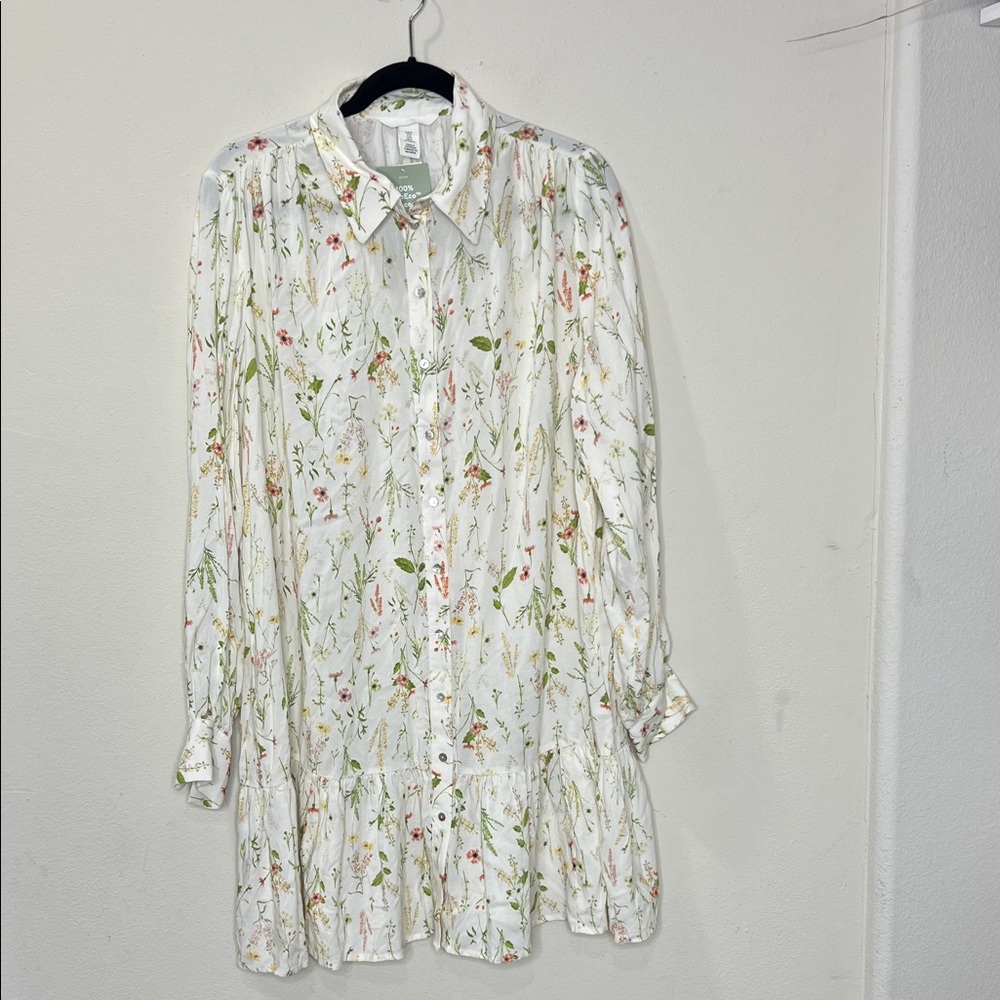 H&M Floral Long Sleeve Dress - White and Green